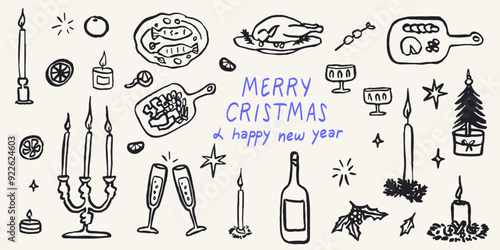 Retro vintage new year drawing set in doodle line art contemporary minimalist print style. Christmas table decorated with candles, food, beverage. Hand drawn ink holiday menu elements collection.