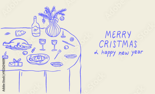 Minimalist Christmas dinner poster placard print in ink charcoal or crayon style. New year line art hand drawn party invitation card with doodle elements. Table served with food beverage and candles.