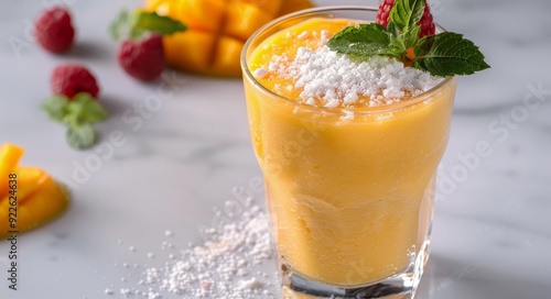 Mango Smoothie With Fresh Berries and Mint on Marble Countertop