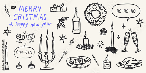 Retro vintage new year drawing set in doodle line art contemporary minimalist print style. Christmas table decorated with candles, food, beverage. Hand drawn ink holiday menu elements collection.