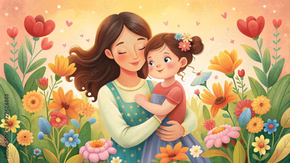 Concept of mothers day Illustration postcard, love mom and child Concept of mothers day Illustration postcard, love mom and child