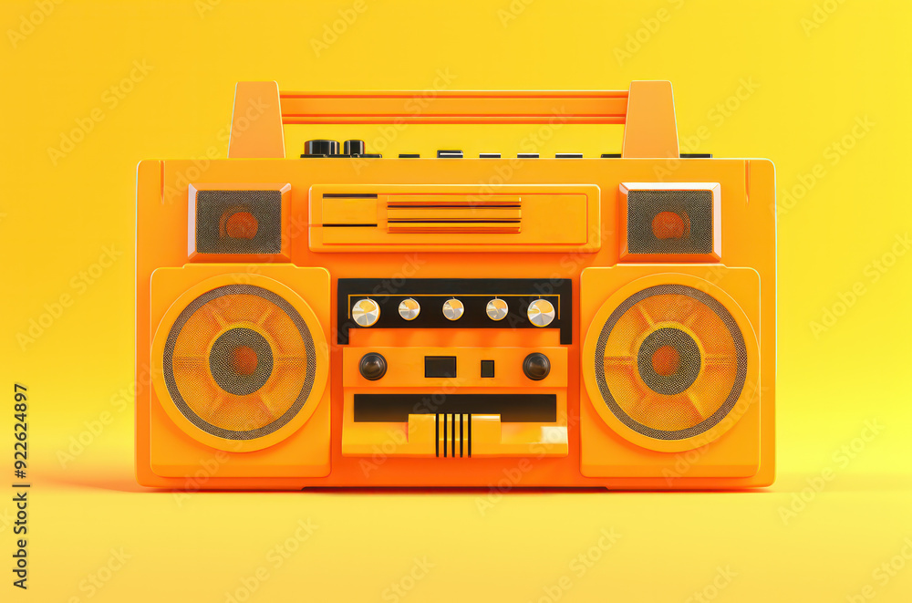 Orange boombox old-fashioned cassette player in bright orange space Orange boombox old-fashioned cassette player in bright orange space