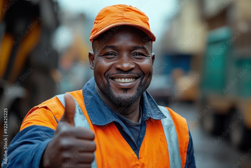 Happy African Garbage Truck Worker Giving Thumbs Up in Urban Street Scene - Smiling Sanitation Worker in Orange Safety Vest Happy African Garbage Truck Worker Giving Thumbs Up in Urban Street Scene - Smiling Sanitation Worker in Orange Safety Vest