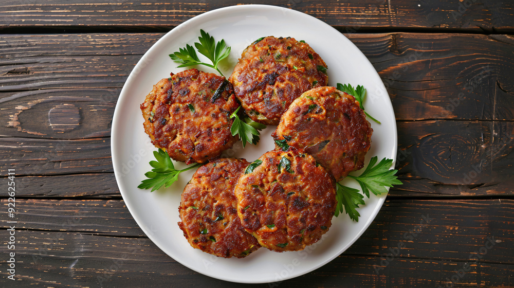Plated with fresh herbs and garnished with parsley: five delicious meat cutlets on a white plate Plated with fresh herbs and garnished with parsley: five delicious meat cutlets on a white plate