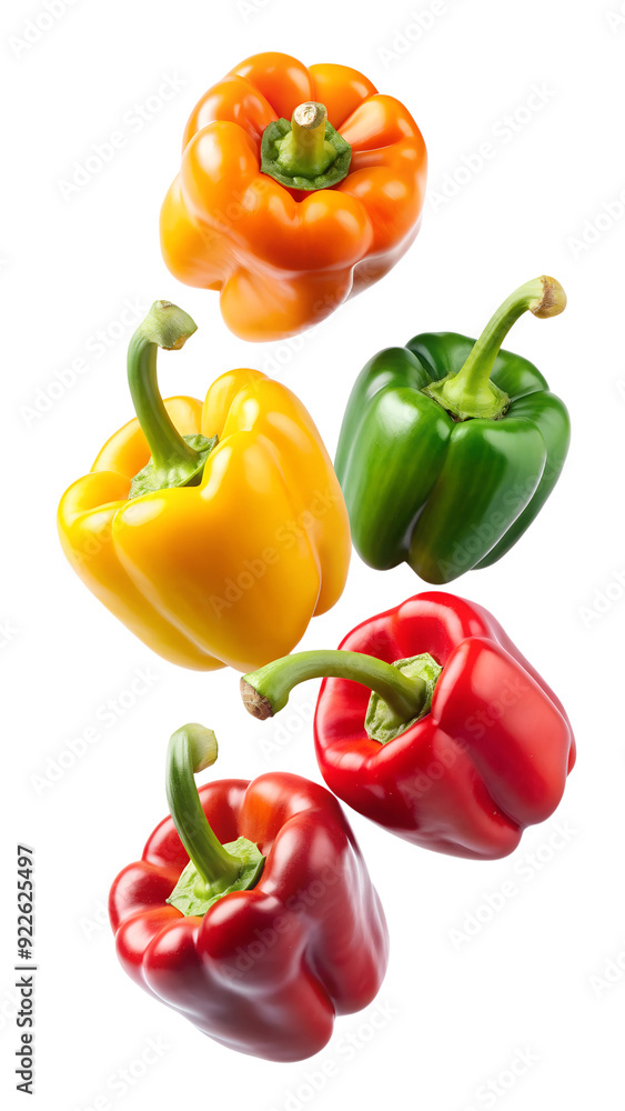 Fresh bell peppers in various colors floating, transparent Fresh bell peppers in various colors floating, transparent