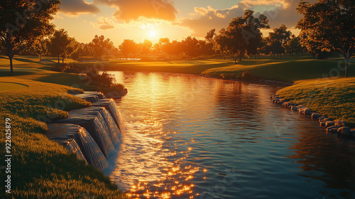 Le coucher de soleil embrase le lac et le ciel d'orange et de rouge, créant un paysage calme et splendide au crépuscule d'été.