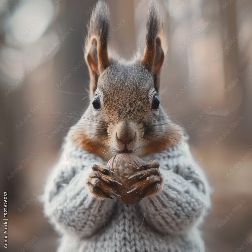 Fototapeta premium Squirrel in Knitted Sweater Perched on Wooden Fence