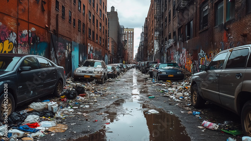 A small, polluted street in the city with cars parked on both sides, scattered garbage, puddles and graffiti on the walls of buildings, under a gray, overcast sky.