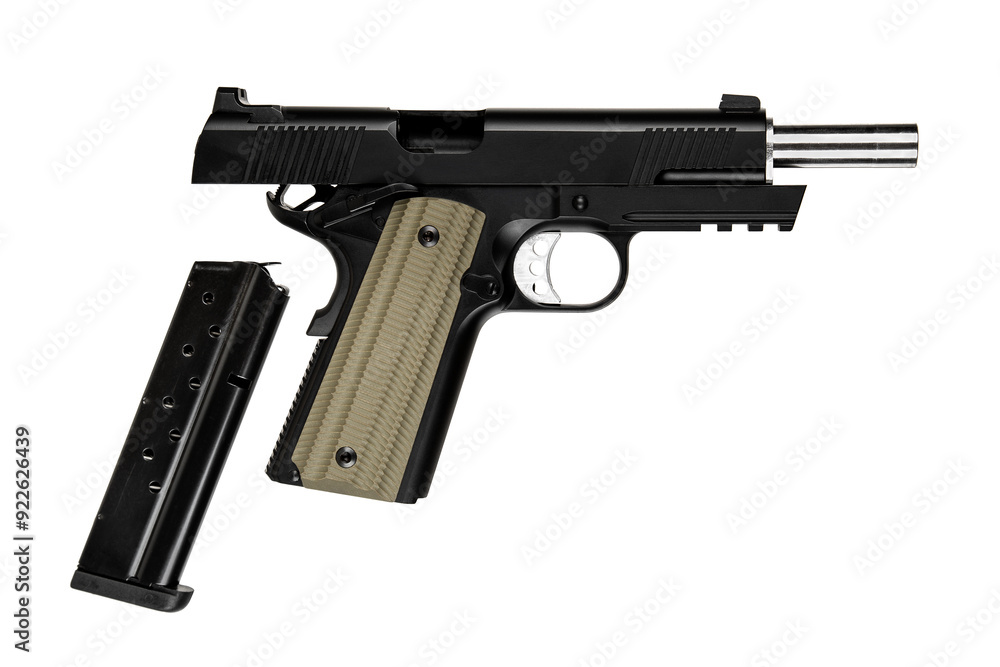 Modern semi-automatic pistol isolate on a white background. Armament for the army and police. Short-barreled weapon Modern semi-automatic pistol isolate on a white background. Armament for the army and police. Short-barreled weapon