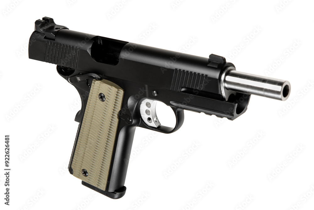 Modern semi-automatic pistol isolate on a white background. Armament for the army and police. Short-barreled weapon Modern semi-automatic pistol isolate on a white background. Armament for the army and police. Short-barreled weapon