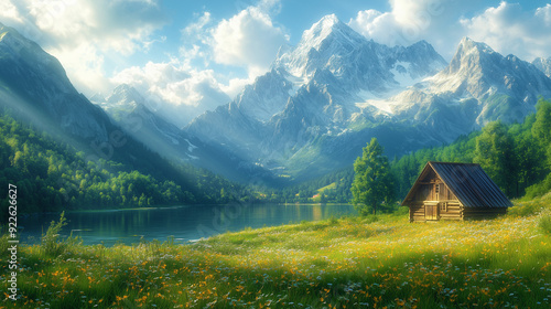 En été, une maison alpestre surplombe un val verdoyant. Panorama de montagnes enneigées et forêts, idéal pour une randonnée. photo