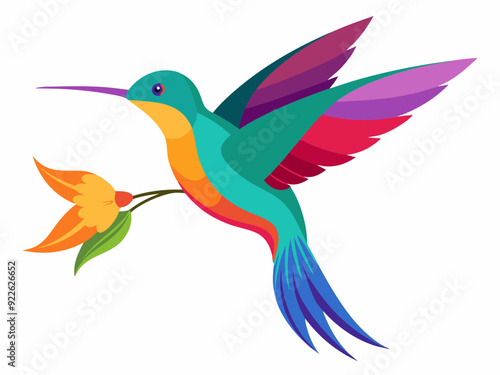 Colibri. Colibri tropical volant multicolore avec fleur isolée sur fond blanc. Illustration vectorielle d’un oiseau paradisiaque brillant survolant la fleur en fleurs - Illustration
