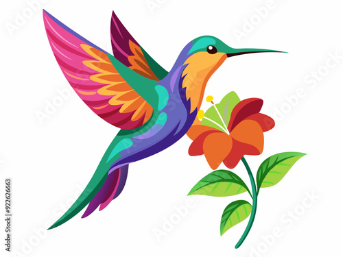 Colibri. Colibri tropical volant multicolore avec fleur isolée sur fond blanc. Illustration vectorielle d’un oiseau paradisiaque brillant survolant la fleur en fleurs - Illustration
