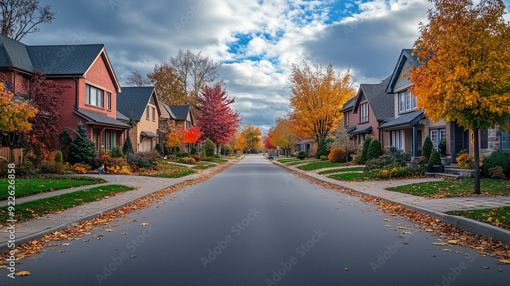 A charming suburban street on a sunny autumn day, with beautiful brick houses, brightly colored trees and leafy pavement, partly covered with clouds. A charming suburban street on a sunny autumn day, with beautiful brick houses, brightly colored trees and leafy pavement, partly covered with clouds.