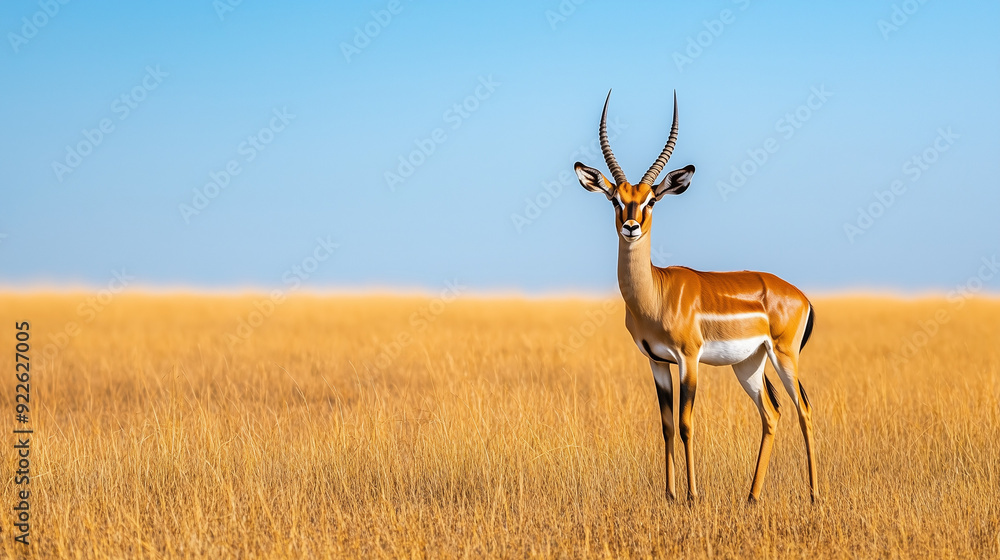 Alone, the impala surveys its surroundings on a vast, golden savannah, under a crystal clear sky. Alone, the impala surveys its surroundings on a vast, golden savannah, under a crystal clear sky.