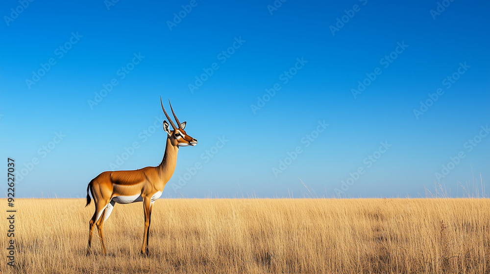 Alone, the impala surveys its surroundings on a vast, golden savannah, under a crystal clear sky. Alone, the impala surveys its surroundings on a vast, golden savannah, under a crystal clear sky.