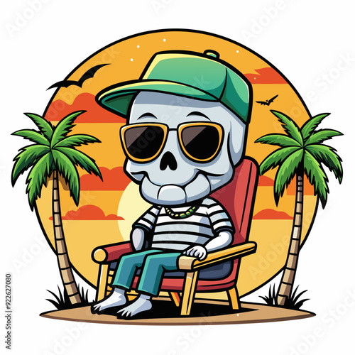 A skull wearing sunglasses and sitting on a chair art vector illustration