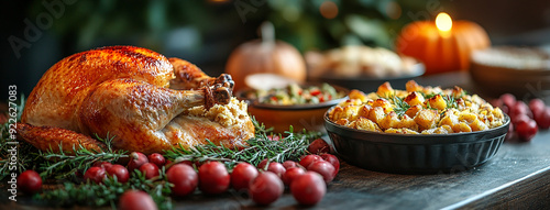 traditional thanksgiving dinner, food photo of bowls filled with thanks giving meal with roast turkey and other foods on a wooden table