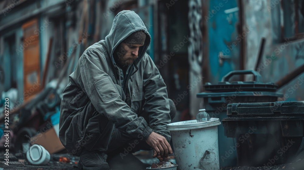 Urban Homelessness Concept: Man in Hooded Jacket with Scruffy Beard and Garbage Can. Generative ai Urban Homelessness Concept: Man in Hooded Jacket with Scruffy Beard and Garbage Can. Generative ai