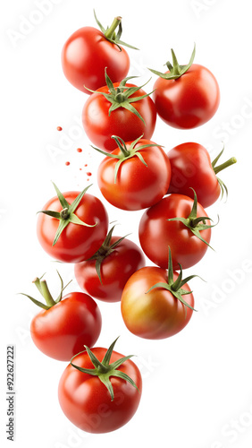 Cluster of tomatoes with green stems on transparent background, isolated PNG transparent photo