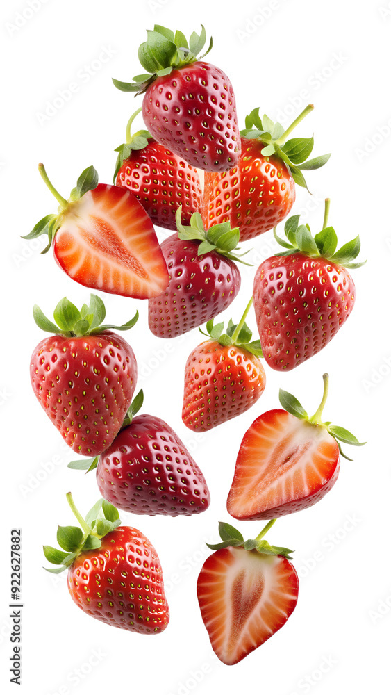 Strawberries with green leaves, whole and sliced, PNG isolated transparent Strawberries with green leaves, whole and sliced, PNG isolated transparent