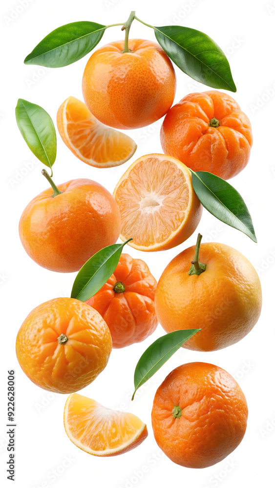Whole and halved fresh tangerines with green leaves, PNG isolated transparent Whole and halved fresh tangerines with green leaves, PNG isolated transparent
