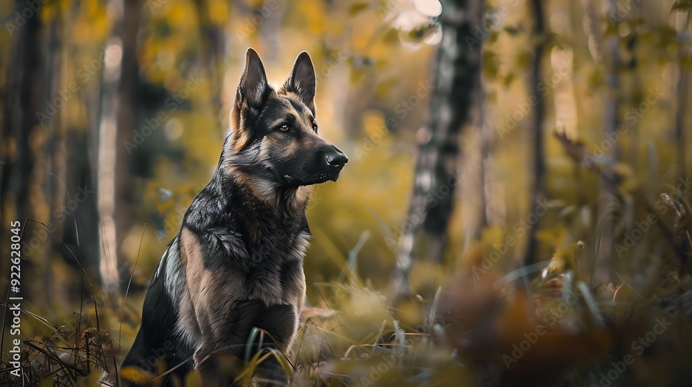 Shepherd dog standing guard at the edge of a forest its eyes scanning the surroundings for any signs of danger protecting the flock grazing peacefully nearby Shepherd dog standing guard at the edge of a forest its eyes scanning the surroundings for any signs of danger protecting the flock grazing peacefully nearby