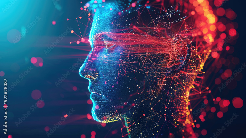 A vibrant, abstract portrait featuring glowing particles around a person's profile A vibrant, abstract portrait featuring glowing particles around a person's profile