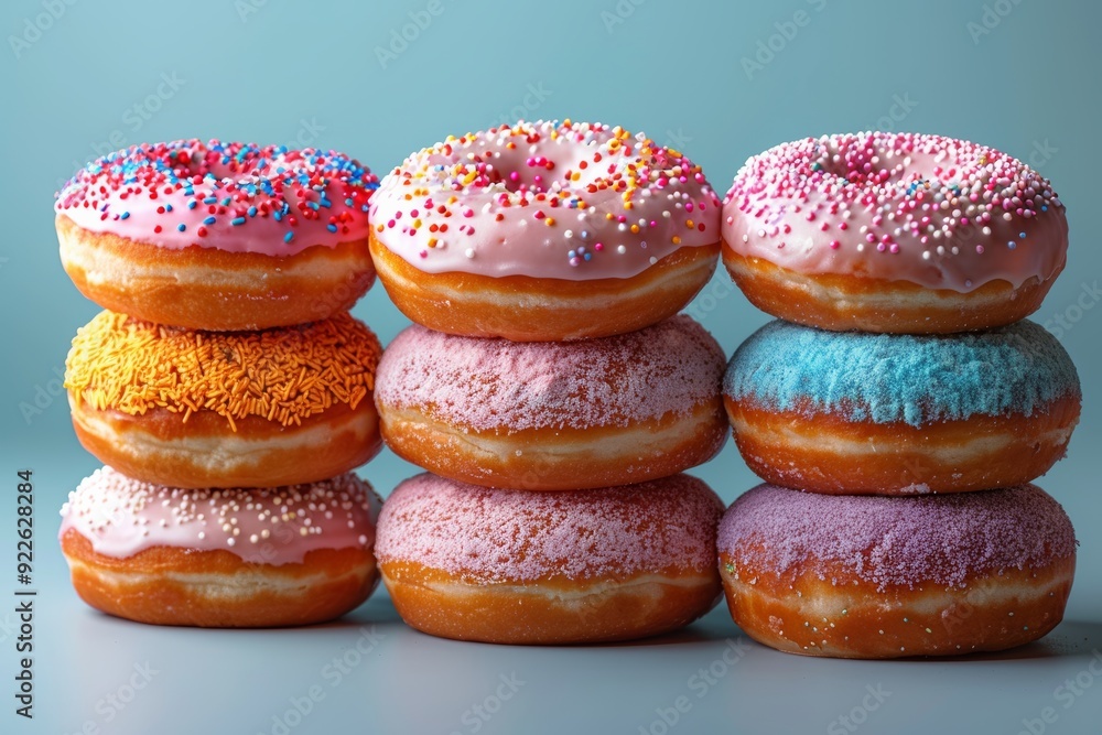Vibrant stack of powdered donuts on plain background Vibrant stack of powdered donuts on plain background