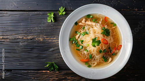 Chicken soup with rice noodles, chicken meat, parsley and green onion in a white bowl on dark wooden background