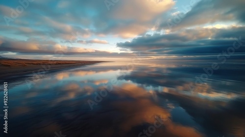 Stunning Sunset Over Calm Waters Reflecting Vibrant Clouds at Dusk
