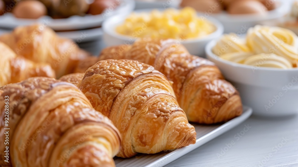 Freshly Baked Croissants With Salad and Egg Breakfast on a Rustic Table Freshly Baked Croissants With Salad and Egg Breakfast on a Rustic Table