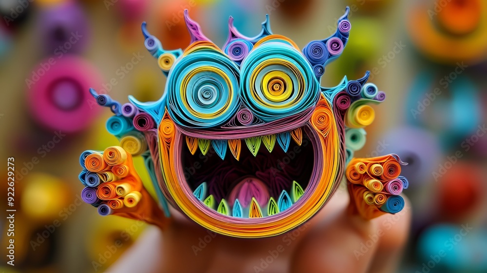 Colorful paper quilling monster with vibrant details in creative craft setting Colorful paper quilling monster with vibrant details in creative craft setting