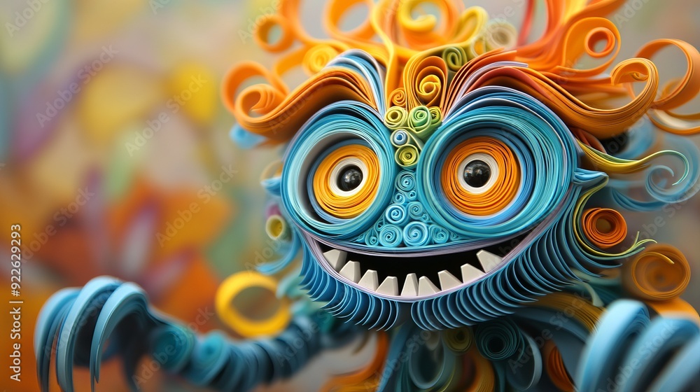 Colorful paper quilling monster character in a whimsical art setting Colorful paper quilling monster character in a whimsical art setting