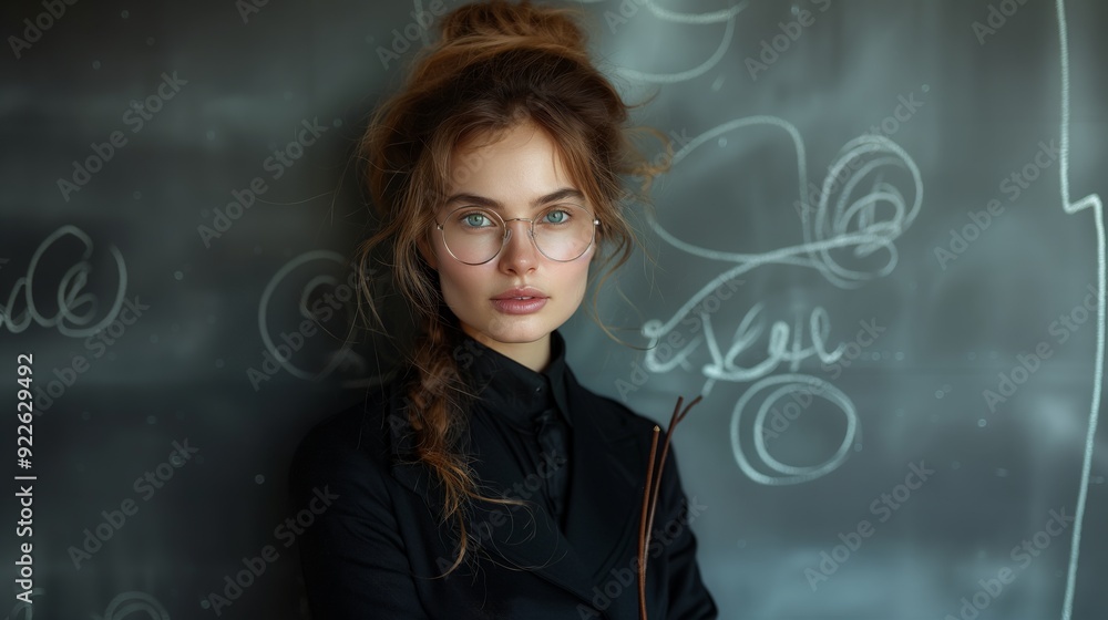 Stern Woman Teacher in a Formal Black Suit Holding a Long Stick Against a Chalkboard Background, Wearing Glasses, Serious and Professional Tone with Neutral Color Palette Stern Woman Teacher in a Formal Black Suit Holding a Long Stick Against a Chalkboard Background, Wearing Glasses, Serious and Professional Tone with Neutral Color Palette