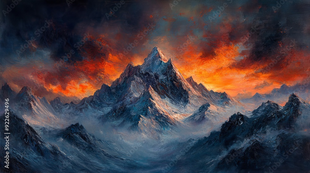 Majestic mountain landscape at sunset with fiery sky and snowy peaks Majestic mountain landscape at sunset with fiery sky and snowy peaks