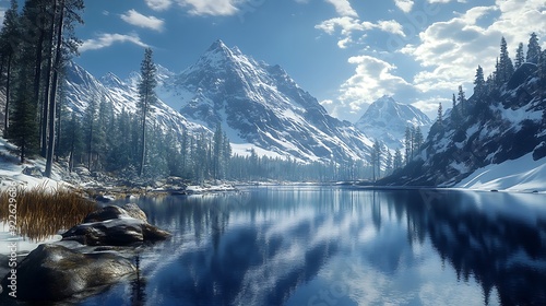 Snowy mountains reflect in calm winter lake, pristine wilderness