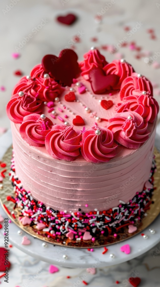 A delicious pink cake adorned with hearts and sprinkles, perfect for a romantic occasion or celebration A delicious pink cake adorned with hearts and sprinkles, perfect for a romantic occasion or celebration