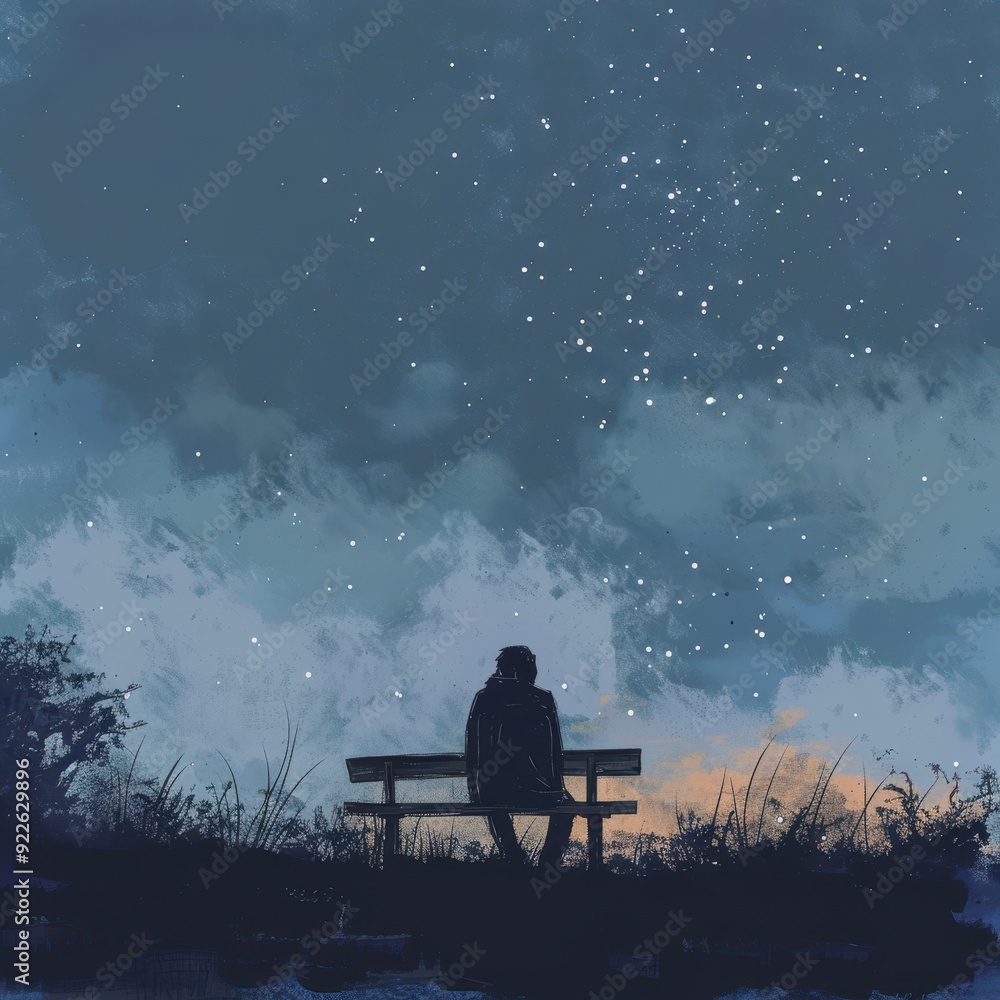 A solitary figure sits on a bench gazing at the night sky filled with stars A solitary figure sits on a bench gazing at the night sky filled with stars