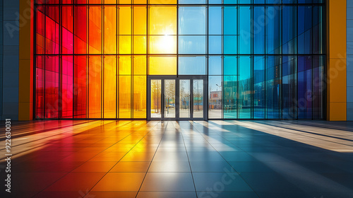 À l'intérieur d'un bâtiment moderne, la lumière filtre à travers les grandes fenêtres, illuminant le corridor et les parquets du bureau.