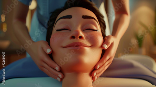 A massage therapist performing a head and neck massage.  Animated character, C4D model rendering, 3D rendering - Generative AI