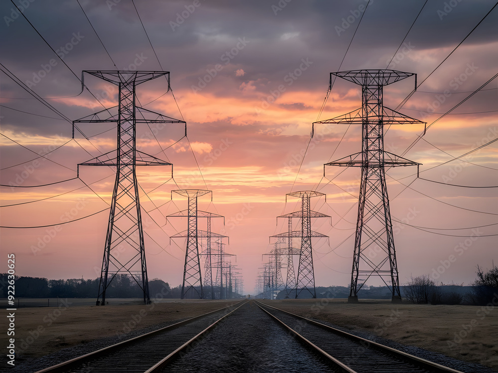 Abundantes líneas eléctricas de corriente continua de alto voltaje al atardecer
Abundantes líneas eléctricas de corriente continua de alto voltaje al atardecer