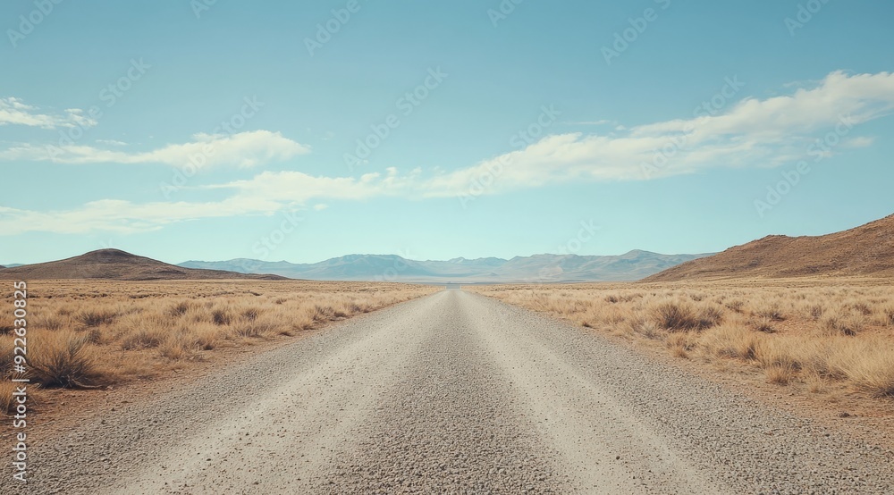 A long, deserted gravel road stretches endlessly into the distant horizon, surrounded by expansive arid terrain beneath a strikingly clear blue sky, evoking a sense of adventure and exploration A long, deserted gravel road stretches endlessly into the distant horizon, surrounded by expansive arid terrain beneath a strikingly clear blue sky, evoking a sense of adventure and exploration