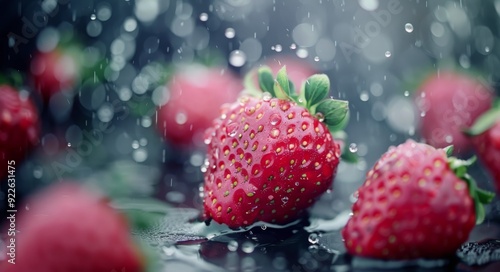 Fresh Red Strawberry With Water Drops on Dark Background