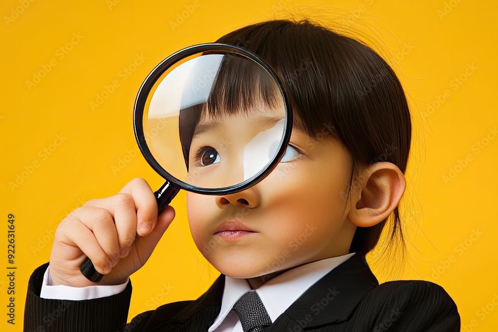 A curious child investigates the world with a magnifying glass against a vibrant yellow background A curious child investigates the world with a magnifying glass against a vibrant yellow background