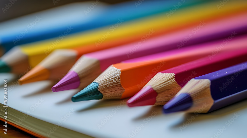 Fototapeta premium Notebook with colored pencils for adding text