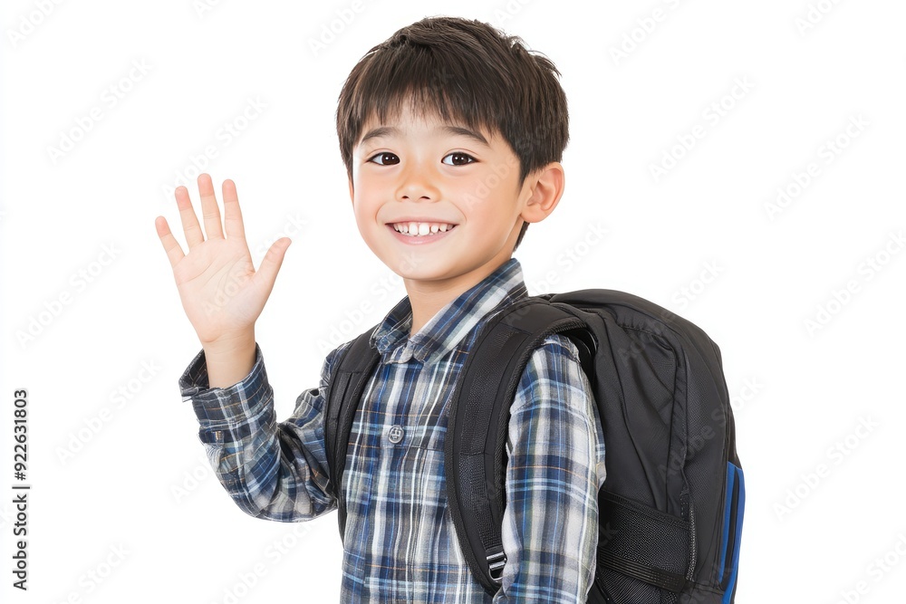 A cheerful boy waves goodbye, ready for school on a bright morning A cheerful boy waves goodbye, ready for school on a bright morning