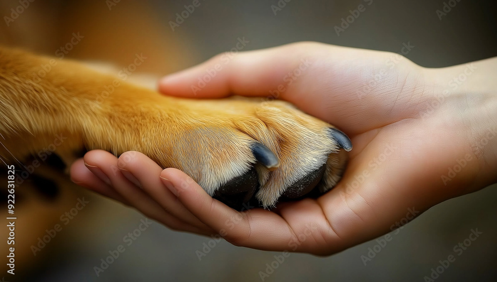 Close-up of a human hand holding a dog's paw, symbolizing love, trust, and companionship between humans and animals in a warm and heartfelt moment. Close-up of a human hand holding a dog's paw, symbolizing love, trust, and companionship between humans and animals in a warm and heartfelt moment.