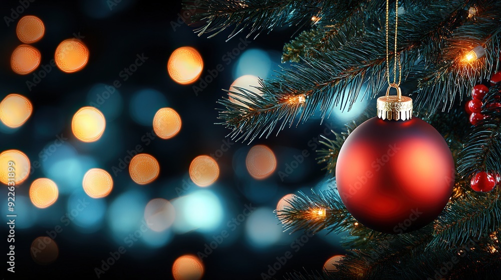 Fototapeta premium Christmas Tree With ornamentss And Blurred bokeh Lights copy space