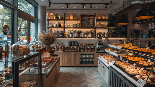 Warm and inviting bakery shop interior showcasing freshly baked goods and cozy ambiance